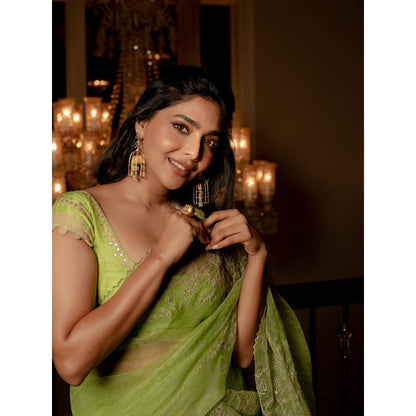 Devnaagri Green Hand Block Print Lehenga and Blouse with Dupatta (Set of 3)