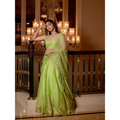 Devnaagri Green Hand Block Print Lehenga and Blouse with Dupatta (Set of 3)