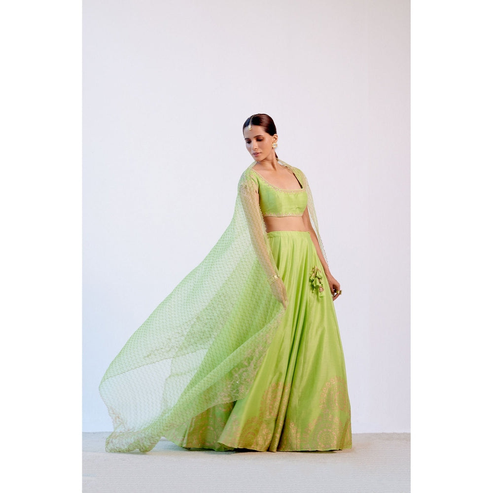 Devnaagri Green Hand Block Print Lehenga and Blouse with Dupatta (Set of 3)