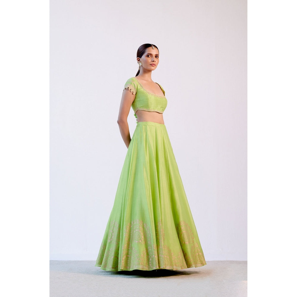 Devnaagri Green Hand Block Print Lehenga and Blouse with Dupatta (Set of 3)