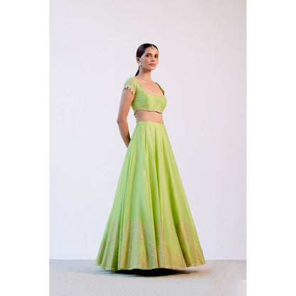 Devnaagri Green Hand Block Print Lehenga and Blouse with Dupatta (Set of 3)