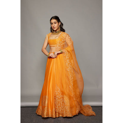 Devnaagri Orange Hand Block Print Lehenga and Blouse with Dupatta (Set of 3)
