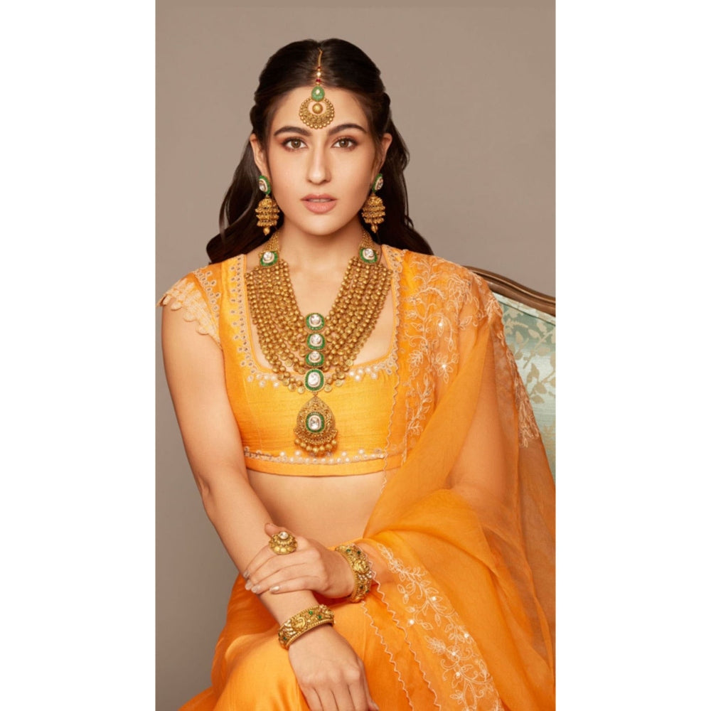 Devnaagri Orange Hand Block Print Lehenga and Blouse with Dupatta (Set of 3)