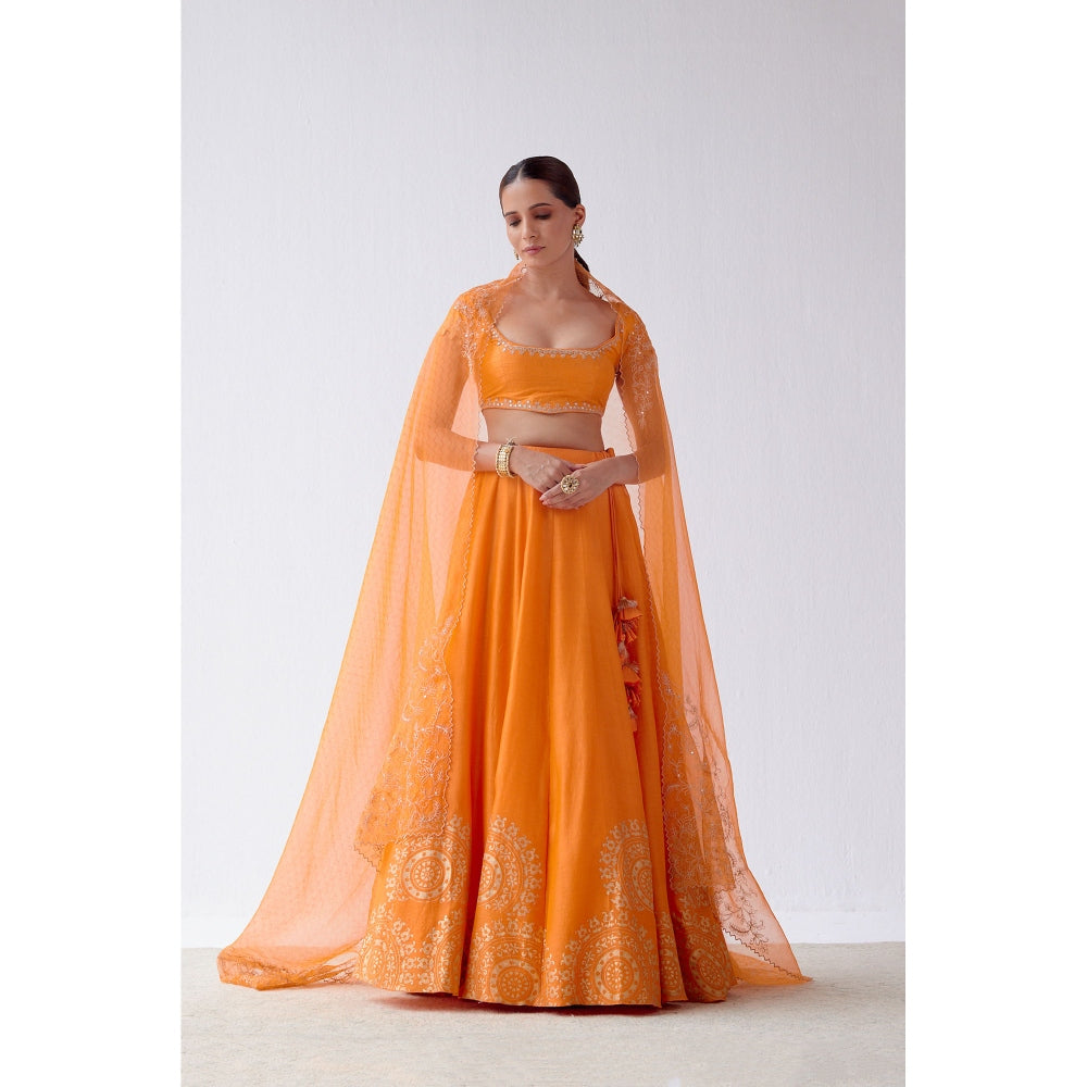 Devnaagri Orange Hand Block Print Lehenga and Blouse with Dupatta (Set of 3)