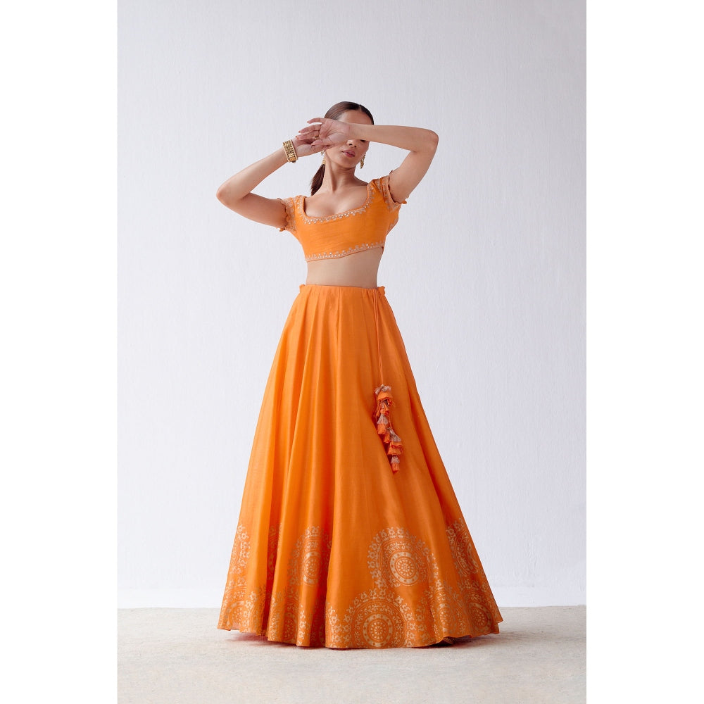 Devnaagri Orange Hand Block Print Lehenga and Blouse with Dupatta (Set of 3)