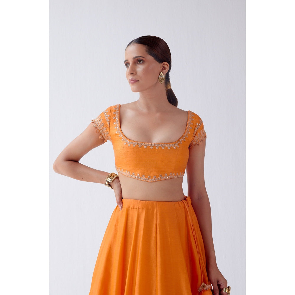 Devnaagri Orange Hand Block Print Lehenga and Blouse with Dupatta (Set of 3)