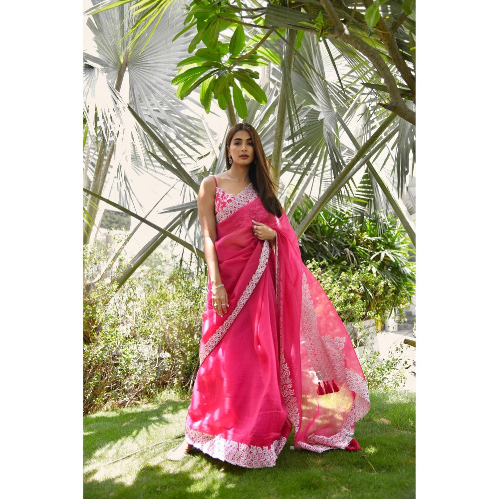Devnaagri Fuchsia Silk Organza Saree with Stitched Blouse (Set of 2)