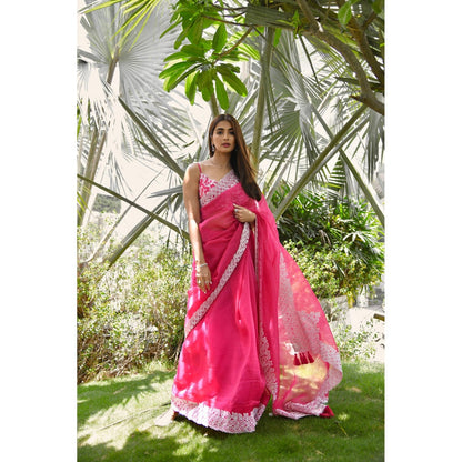 Devnaagri Fuchsia Silk Organza Saree with Stitched Blouse (Set of 2)