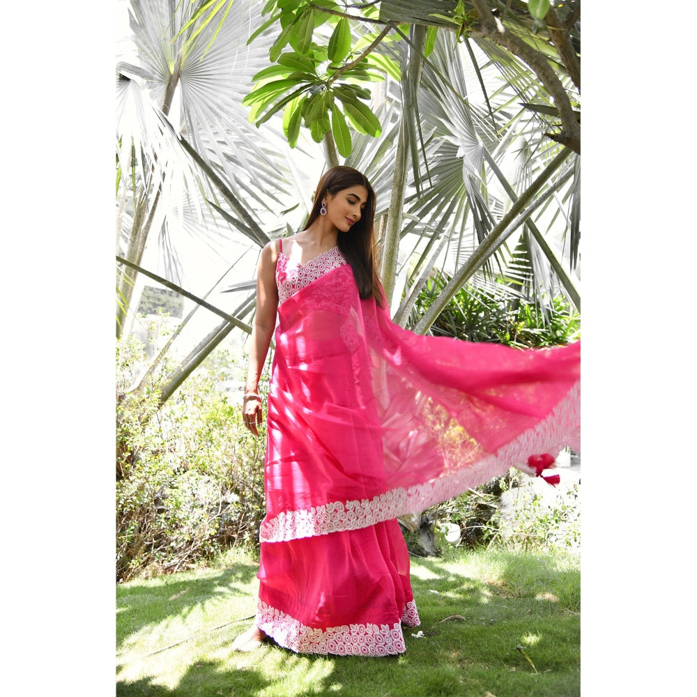 Devnaagri Fuchsia Silk Organza Saree with Stitched Blouse (Set of 2)