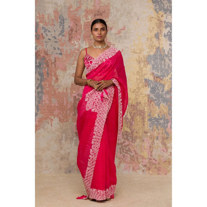 Devnaagri Fuchsia Silk Organza Saree with Stitched Blouse (Set of 2)