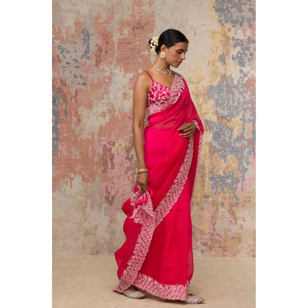 Devnaagri Fuchsia Silk Organza Saree with Stitched Blouse (Set of 2)
