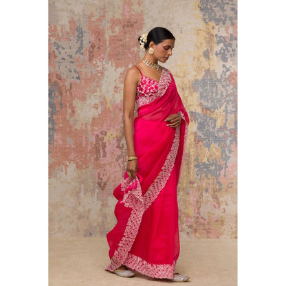 Devnaagri Fuchsia Silk Organza Saree with Stitched Blouse (Set of 2)
