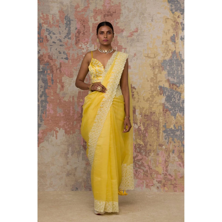 Devnaagri Yellow Silk Organza Saree with Stitched Blouse (Set of 2)