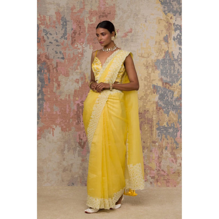 Devnaagri Yellow Silk Organza Saree with Stitched Blouse (Set of 2)