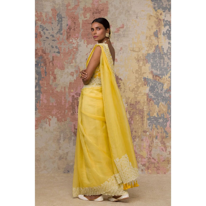 Devnaagri Yellow Silk Organza Saree with Stitched Blouse (Set of 2)