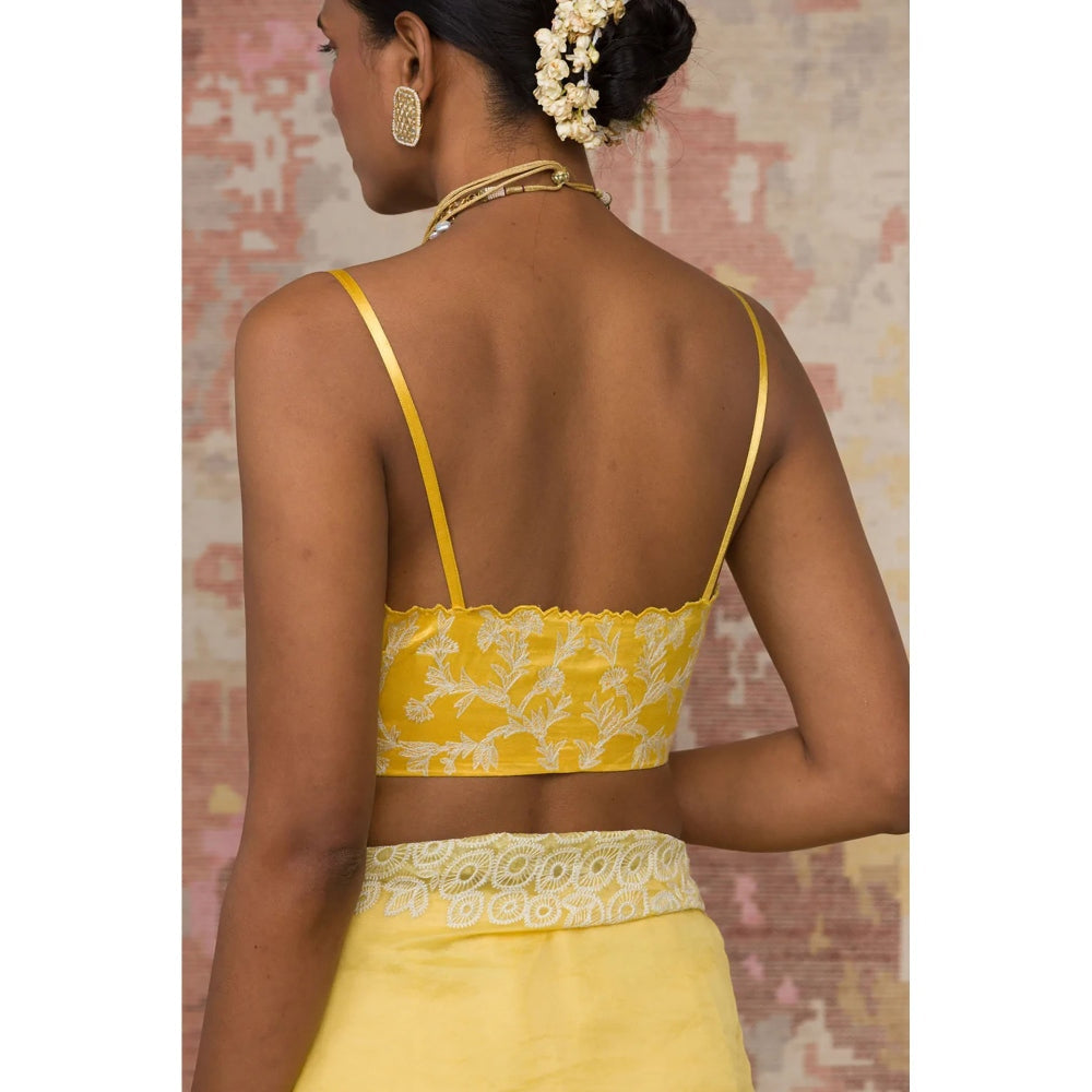 Devnaagri Yellow Silk Organza Saree with Stitched Blouse (Set of 2)