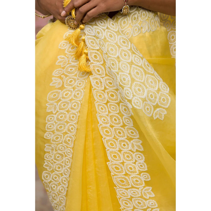 Devnaagri Yellow Silk Organza Saree with Stitched Blouse (Set of 2)