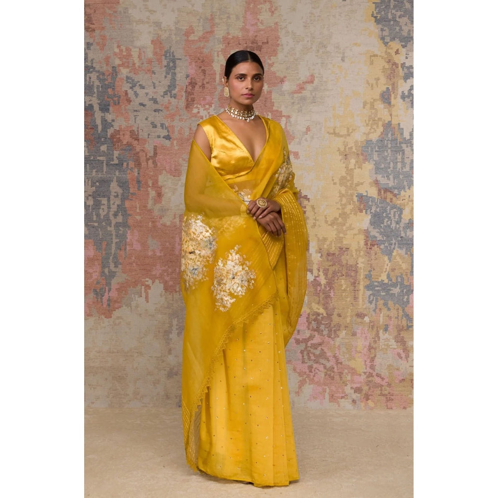 Devnaagri Mustard Hand-Painted Organza Saree with Stitched Blouse (Set of 2)