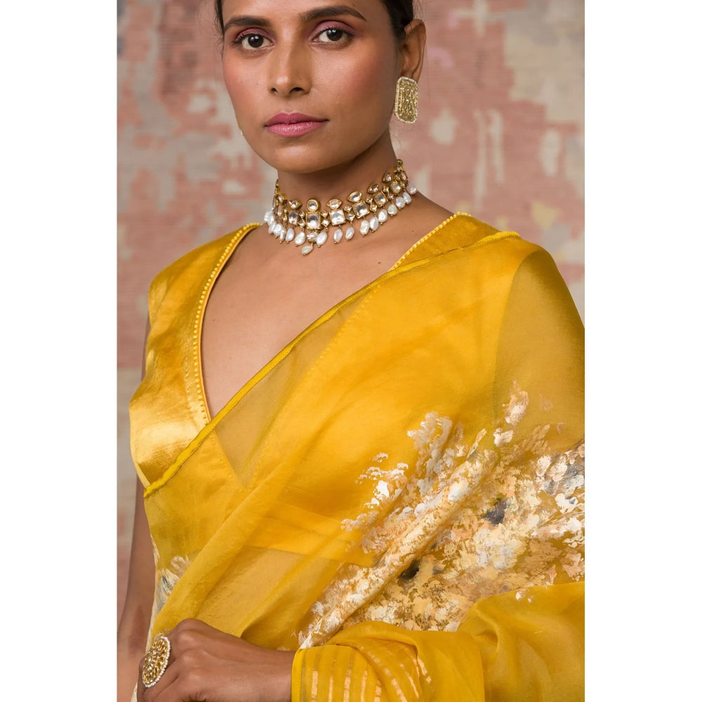 Devnaagri Mustard Hand-Painted Organza Saree with Stitched Blouse (Set of 2)