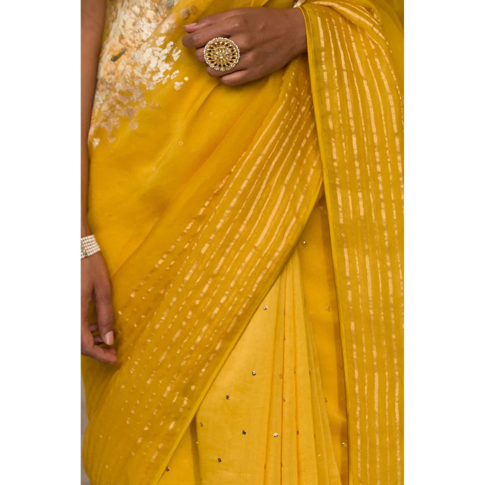 Devnaagri Mustard Hand-Painted Organza Saree with Stitched Blouse (Set of 2)