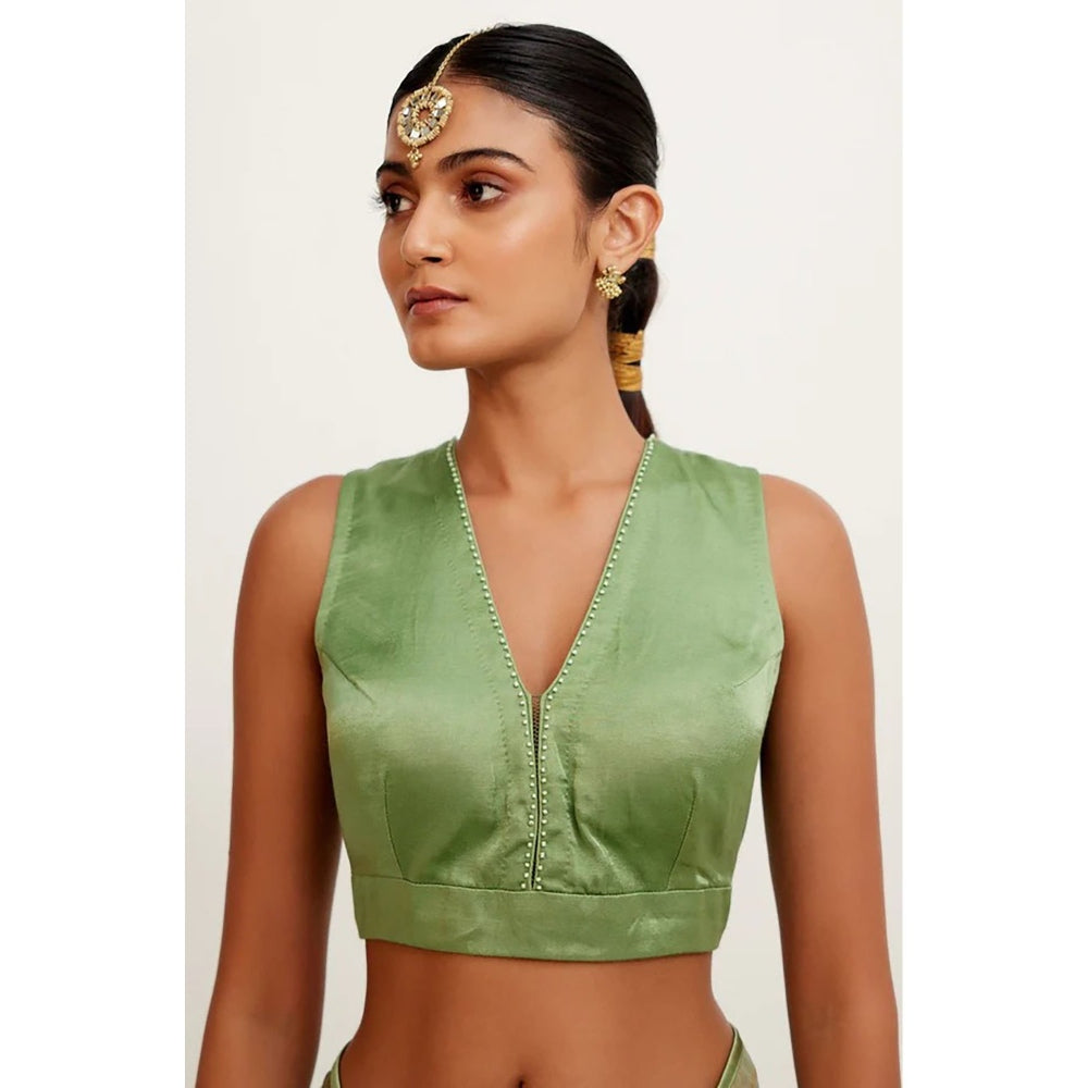 Devnaagri Sage Green Hand-Painted Organza Saree with Stitched Blouse (Set of 2)