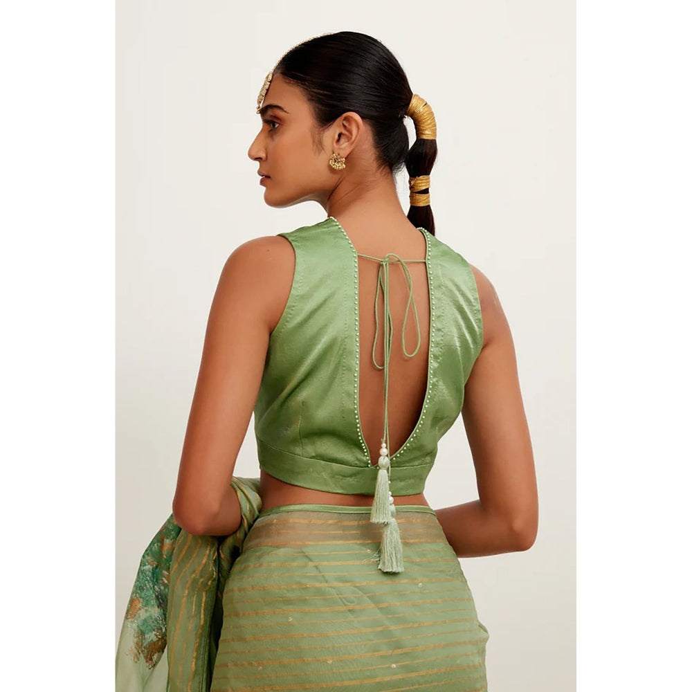 Devnaagri Sage Green Hand-Painted Organza Saree with Stitched Blouse (Set of 2)