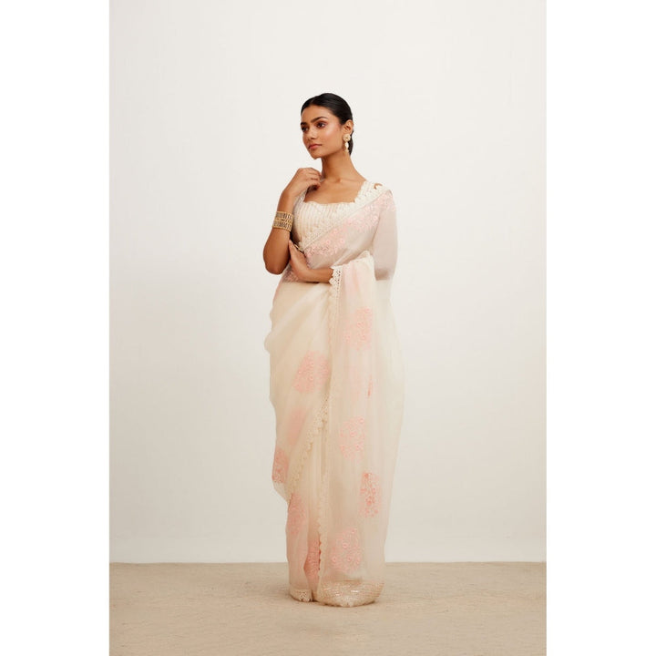 Devnaagri Ivory Pink Silk Organza Saree with Stitched Blouse (Set of 2)