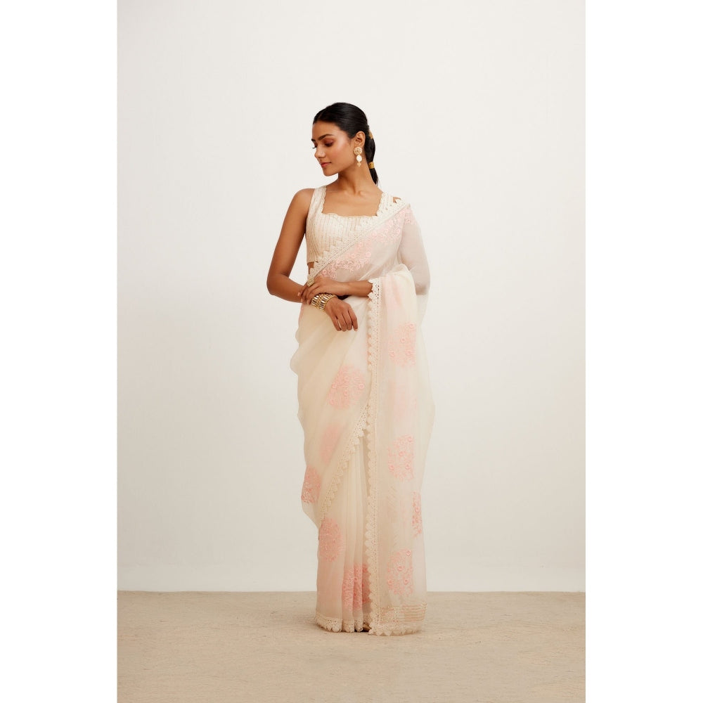 Devnaagri Ivory Pink Silk Organza Saree with Stitched Blouse (Set of 2)