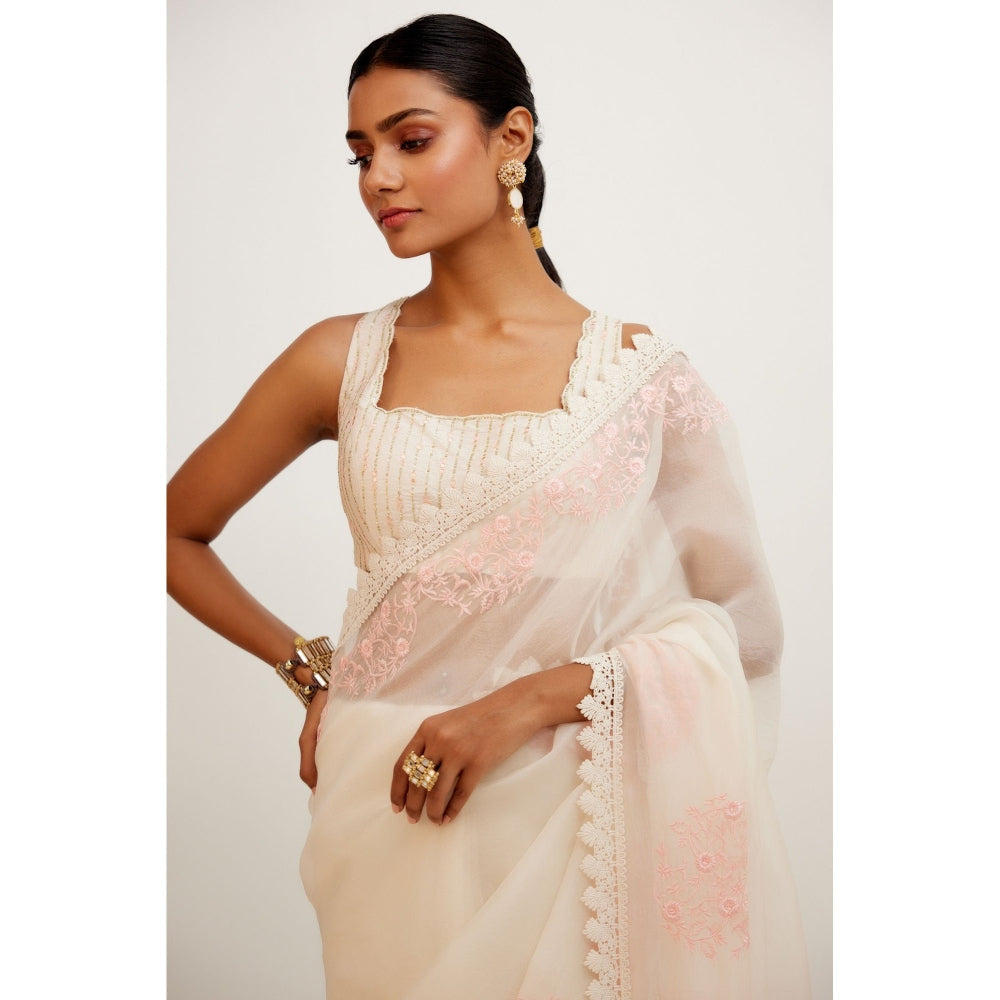 Devnaagri Ivory Pink Silk Organza Saree with Stitched Blouse (Set of 2)