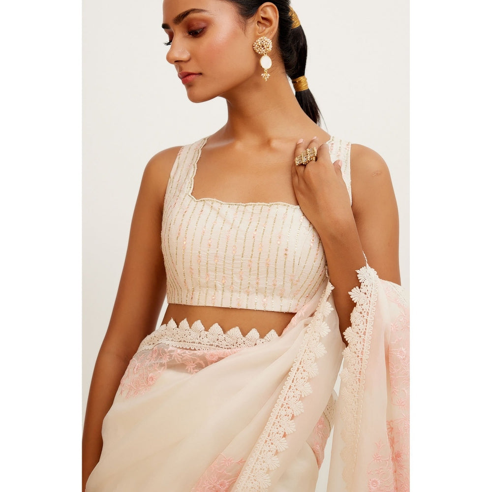 Devnaagri Ivory Pink Silk Organza Saree with Stitched Blouse (Set of 2)