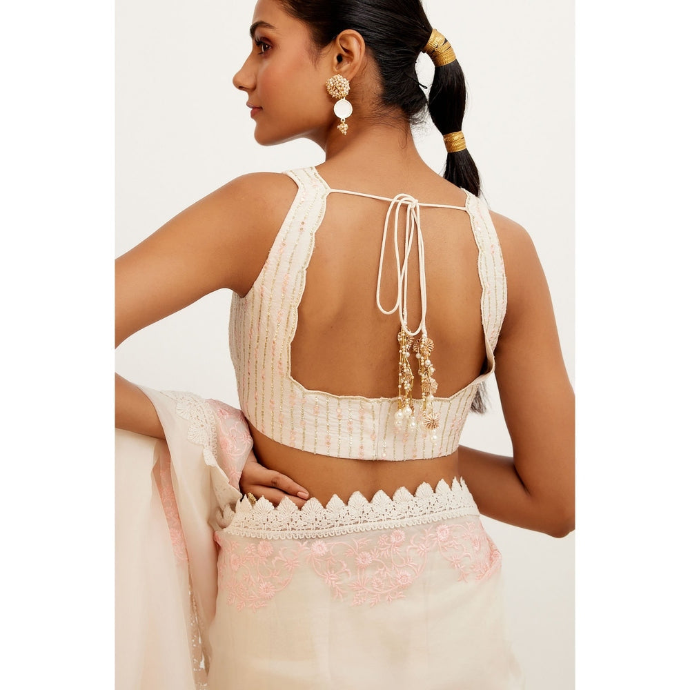 Devnaagri Ivory Pink Silk Organza Saree with Stitched Blouse (Set of 2)