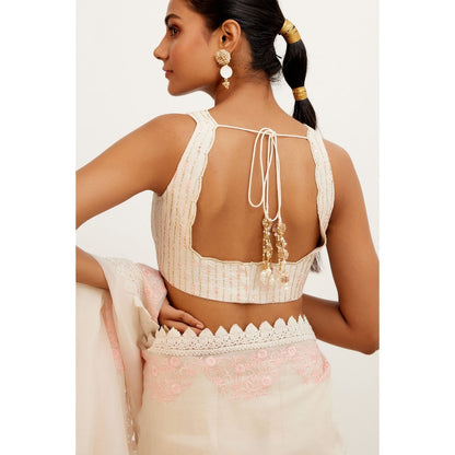 Devnaagri Ivory Pink Silk Organza Saree with Stitched Blouse (Set of 2)