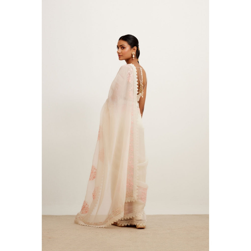 Devnaagri Ivory Pink Silk Organza Saree with Stitched Blouse (Set of 2)