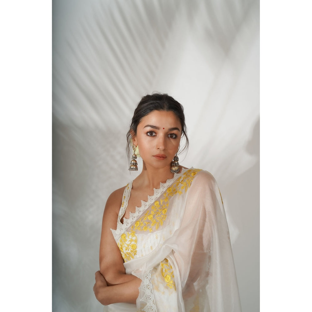 Devnaagri Ivory Yellow Silk Organza Saree with Stitched Blouse (Set of 2)