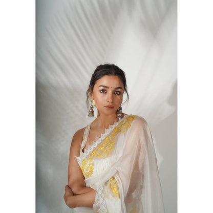 Devnaagri Ivory Yellow Silk Organza Saree with Stitched Blouse (Set of 2)