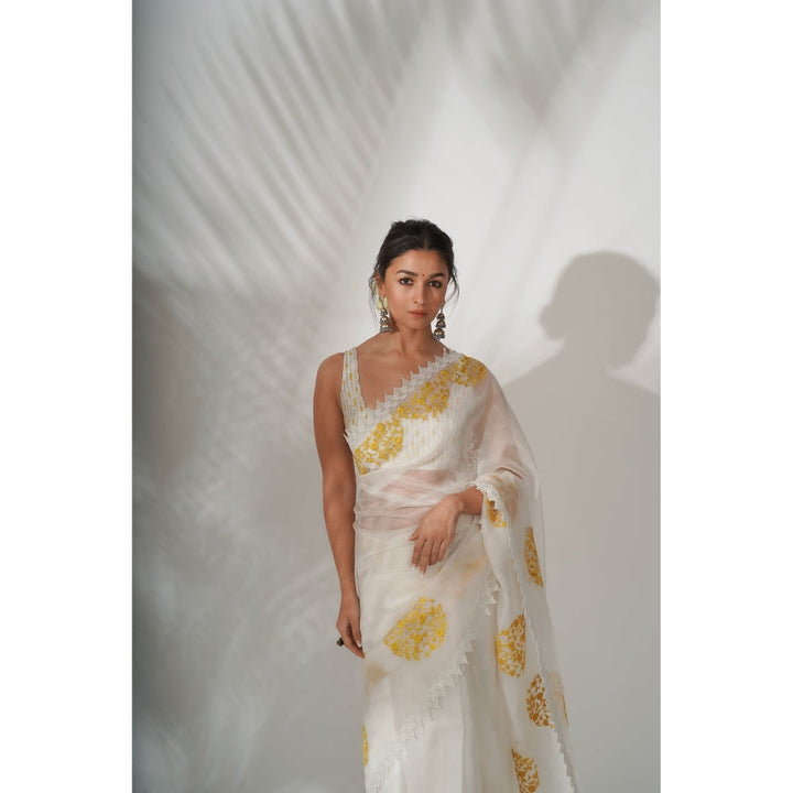 Devnaagri Ivory Yellow Silk Organza Saree with Stitched Blouse (Set of 2)