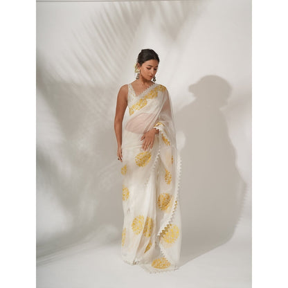 Devnaagri Ivory Yellow Silk Organza Saree with Stitched Blouse (Set of 2)
