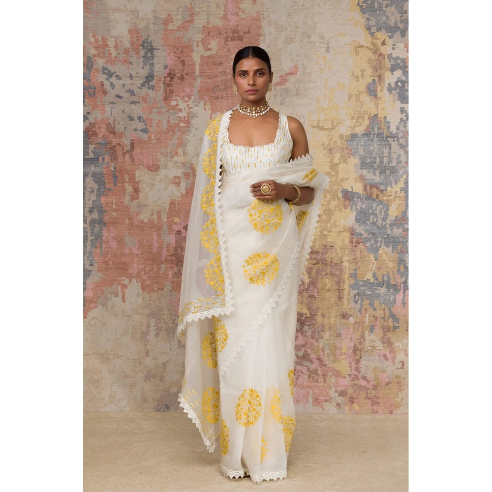 Devnaagri Ivory Yellow Silk Organza Saree with Stitched Blouse (Set of 2)