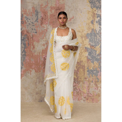 Devnaagri Ivory Yellow Silk Organza Saree with Stitched Blouse (Set of 2)