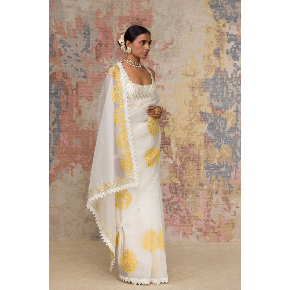 Devnaagri Ivory Yellow Silk Organza Saree with Stitched Blouse (Set of 2)