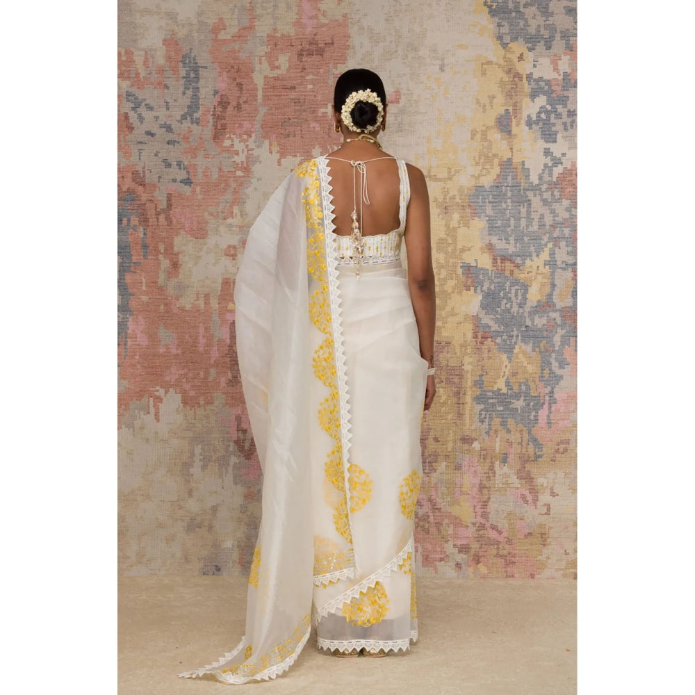 Devnaagri Ivory Yellow Silk Organza Saree with Stitched Blouse (Set of 2)