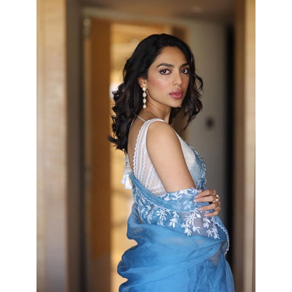 Devnaagri Ice Blue Silk Organza Saree with Stitched Blouse (Set of 2)