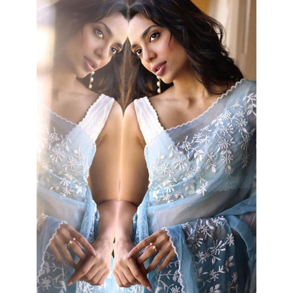 Devnaagri Ice Blue Silk Organza Saree with Stitched Blouse (Set of 2)