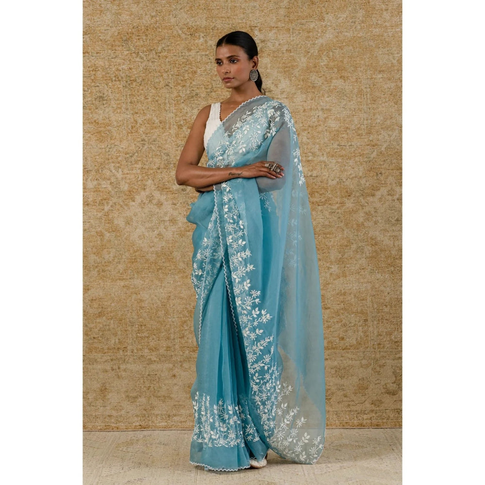 Devnaagri Ice Blue Silk Organza Saree with Stitched Blouse (Set of 2)