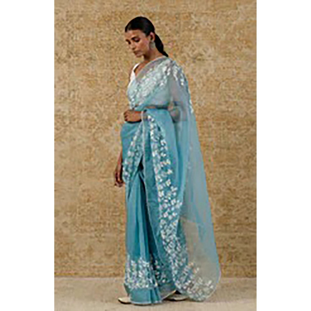 Devnaagri Ice Blue Silk Organza Saree with Stitched Blouse (Set of 2)