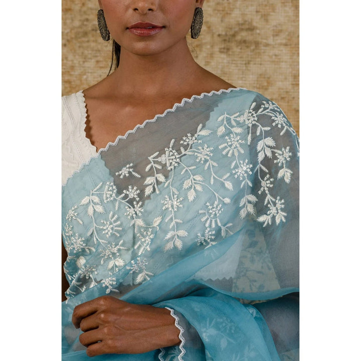 Devnaagri Ice Blue Silk Organza Saree with Stitched Blouse (Set of 2)