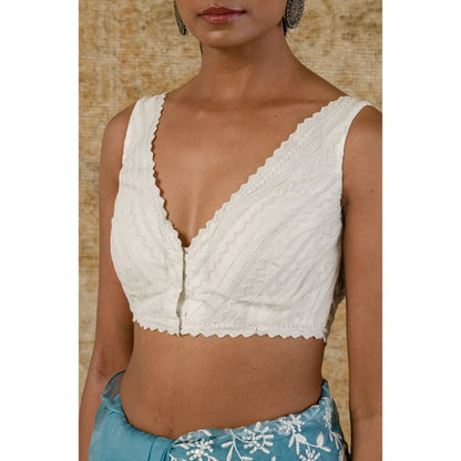 Devnaagri Ice Blue Silk Organza Saree with Stitched Blouse (Set of 2)