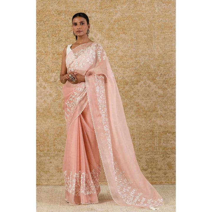 Devnaagri Rose Pink Silk Organza Saree with Stitched Blouse (Set of 2)