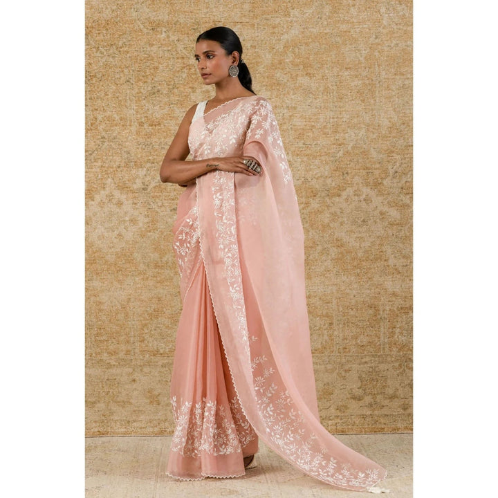 Devnaagri Rose Pink Silk Organza Saree with Stitched Blouse (Set of 2)