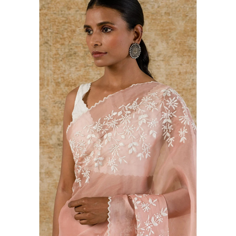 Devnaagri Rose Pink Silk Organza Saree with Stitched Blouse (Set of 2)